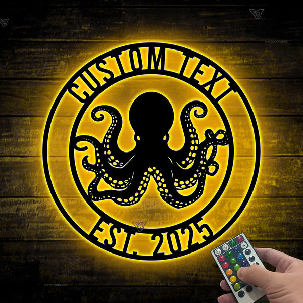 Custom Name Octopus Metal Wall Art With Led Lights, Personalized Octopus Monogram Metal Sign Home Decor, Octopus Nautical Beach House Metal Decor