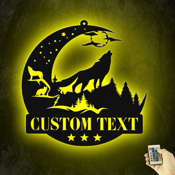 Personalized Howling Wolf Metal Sign With Led Lights, Wildlife Forest Scene Wolf Metal Wall Hanging Sign, Wolf On Crescent Moon Metal Wall Art