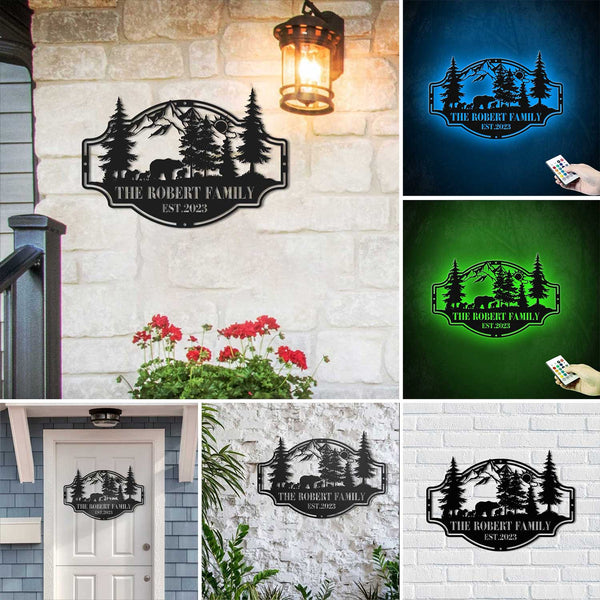 Personalized Bear In Woods Metal Cabin Sign With Led Lights, Custom Family Name Forest Bear Meal Sign, Rustic Bear Hunting Lodge Cabin Decor