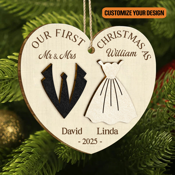 Personalized First Christmas As Married Couple Wooden Ornament, Wedding Gift for Newlyweds