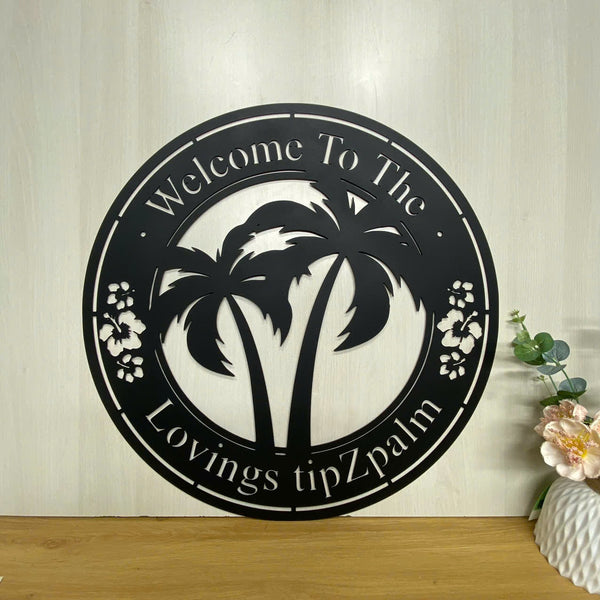 Custom Tropical Palm Tree Metal Wall Art, Personalized Palm Tree Front Porch Metal Welcome Sign, Tropical Poolside Oasis Backyard Metal Sign