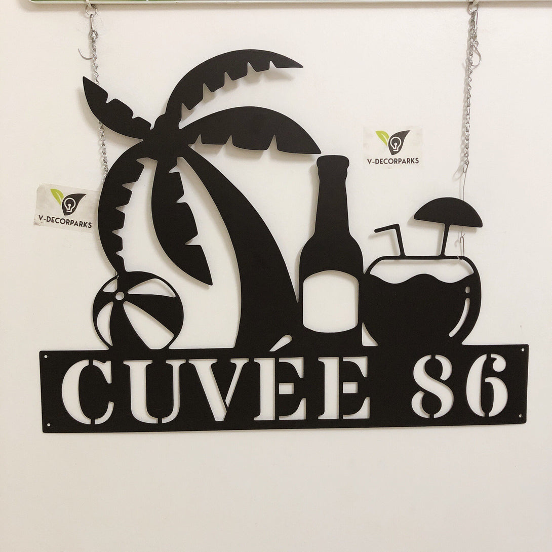 Custom Palm Tree Beach House Metal Wall Art, Drink Bar Address Metal Name Sign, Swimming Pool Patio Metal Wall Sign, Palm Tree Outdoor Metal Sign