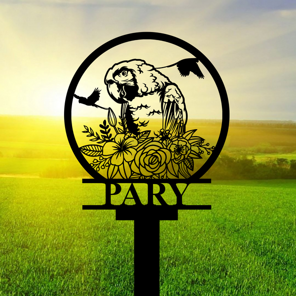 Custom Flowers Parrot Bird Memorial Metal Stake, Personalized Parrot Memorial Metal Garden Stake, Pet Loss Metal Grave Marker, Remembrance Stake