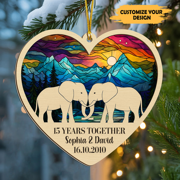 Personalized Wedding Anniversary Ornament - Personalized Suncatcher Ornament, Gift for Couple, Ivory Anniversary, Wedding Elephant