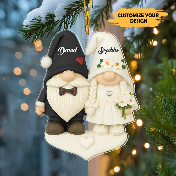 Personalized Gnome Wedding Acrylic Ornament – Custom Bride & Groom Christmas Decoration