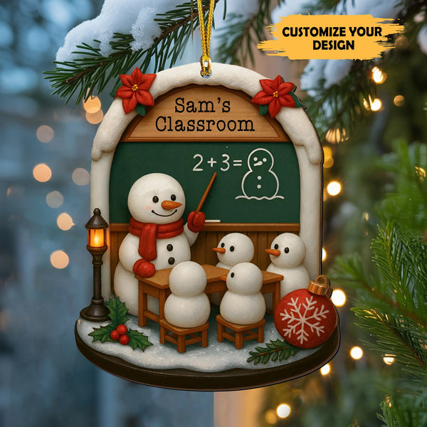 Personalized Snowman Classroom Wooden Ornament – Custom Teacher Christmas Decoration
