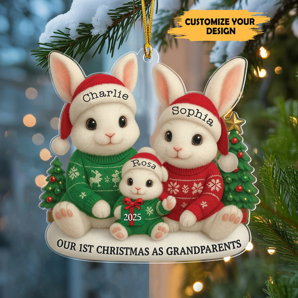 First Christmas as Grandparents Acrylic Ornament – Personalized Bunny Family Holiday Keepsake