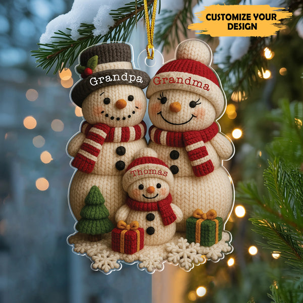 Personalized Family Snowman Ornament – Custom Wool Knit Acrylic Christmas Decoration
