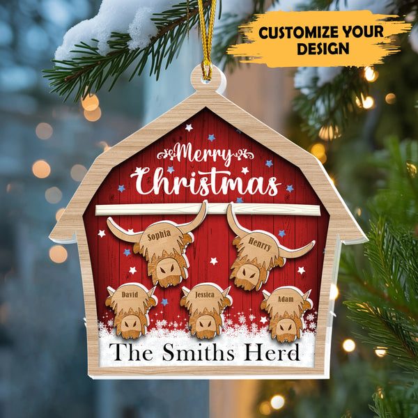 Personalized Family Herd Ornament Shaker – Custom Highland Cow Barn Christmas Decoration