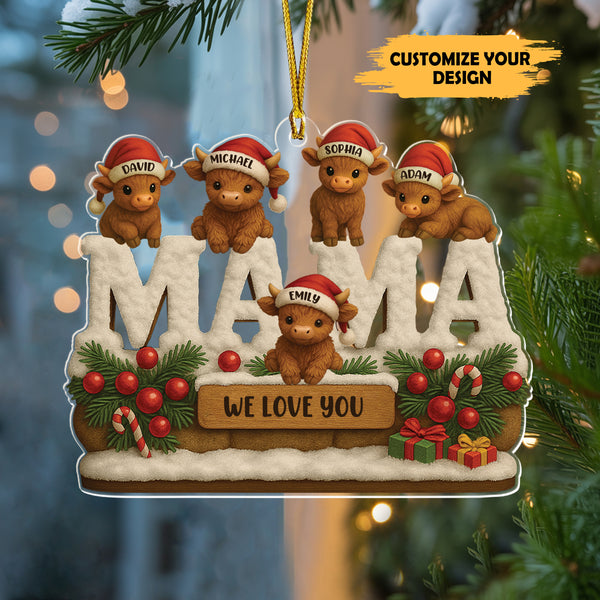 Personalized Mama Cow Christmas Ornament – Custom Acrylic Family Name Decoration
