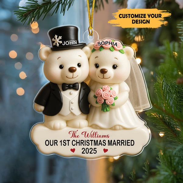3D Effect Polar Bears Just Married Couple Groom & Bride Wedding First Christmas Together Personalized Acrylic Ornament