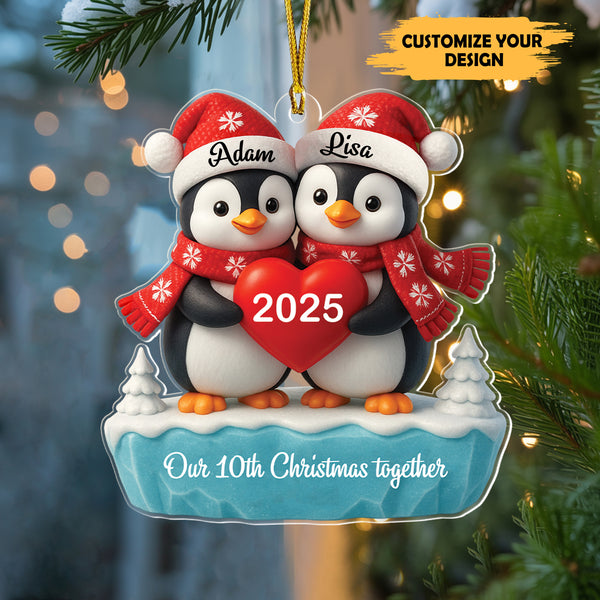 3D Effect Penguins Couple Christmas Personalized Ornament, Christmas Gift For Him, For Her