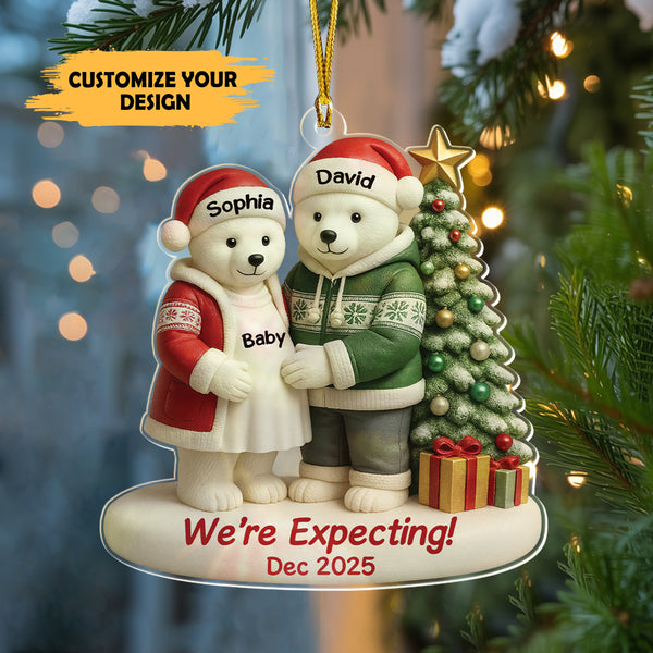3D Effect Polar Bear Couple Family Expecting New Baby Pregnancy Announcement Keepsake Personalized Acrylic Ornament