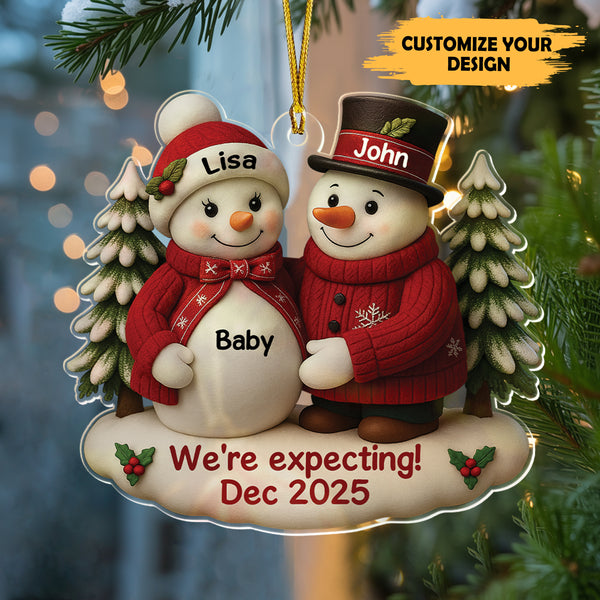 Snowman Couple Expecting Parents Pregnancy Announcement 3D Effect Keepsake Personalized Acrylic Ornament