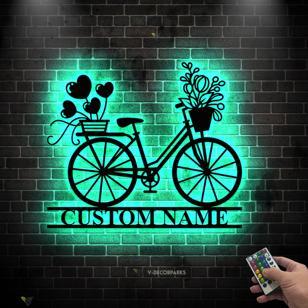 Custom Floral Bicycle Metal Sign Led Light, Personalized Bicycle Metal Wall Art Decor, Custom Cyclist Metal Name Sign, Bicycle Metal Home Decor