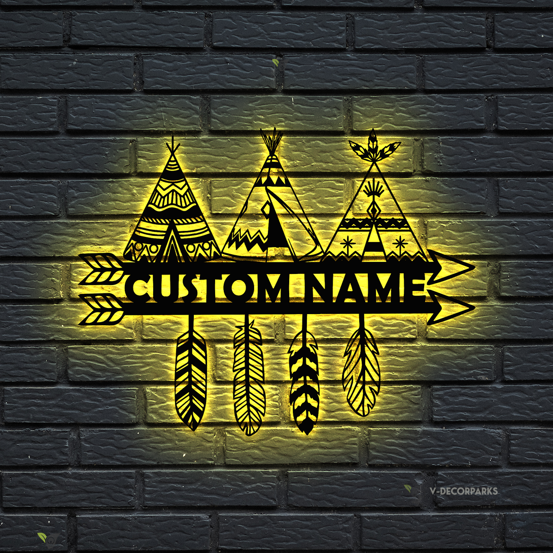 Personalized Native American Teepee Metal Wall Art Led Lights, Indian Teepee Metal Name Sign Home Decor, Native Teepee Metal Wall Hanging Sign