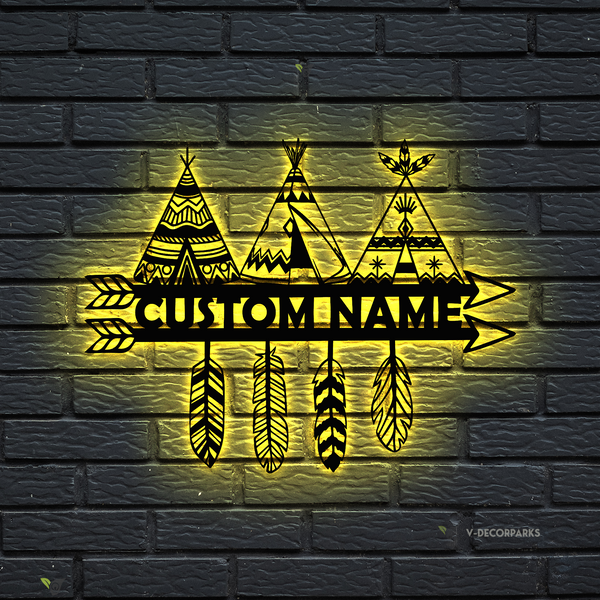 Personalized Native American Teepee Metal Wall Art Led Lights, Indian Teepee Metal Name Sign Home Decor, Native Teepee Metal Wall Hanging Sign