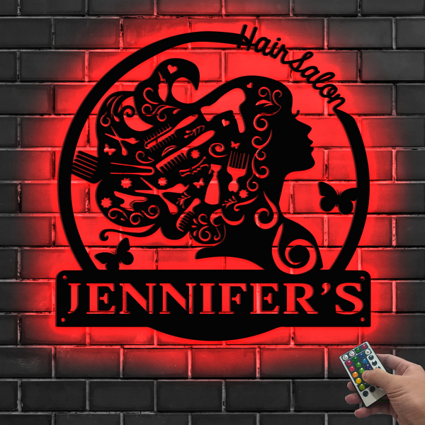 Personalized Beauty Hair Salon Metal Wall Art Led Lights, Custom Hair Dresser Metal Name Sign, Beauty Salon Girl Hair Shop Metal Decor