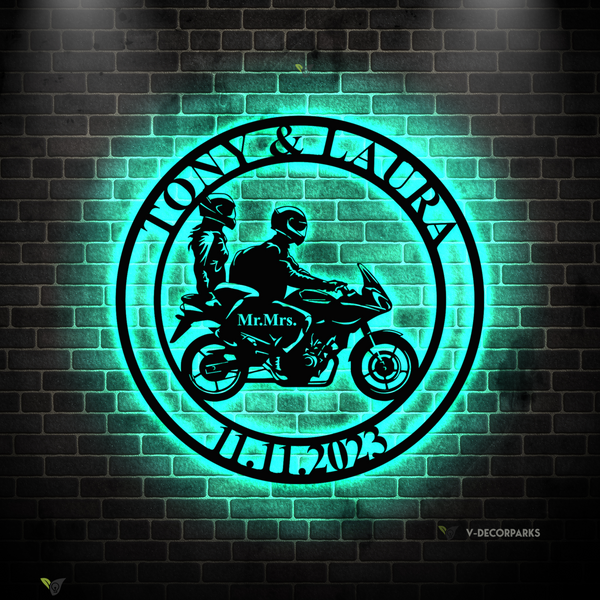 Personalized Biker Couple Metal Sign With Led Lights, Custom Motorcycle Rider Couple Metal Wall Art, Motorcylce Couple Monogram Led Metal Sign