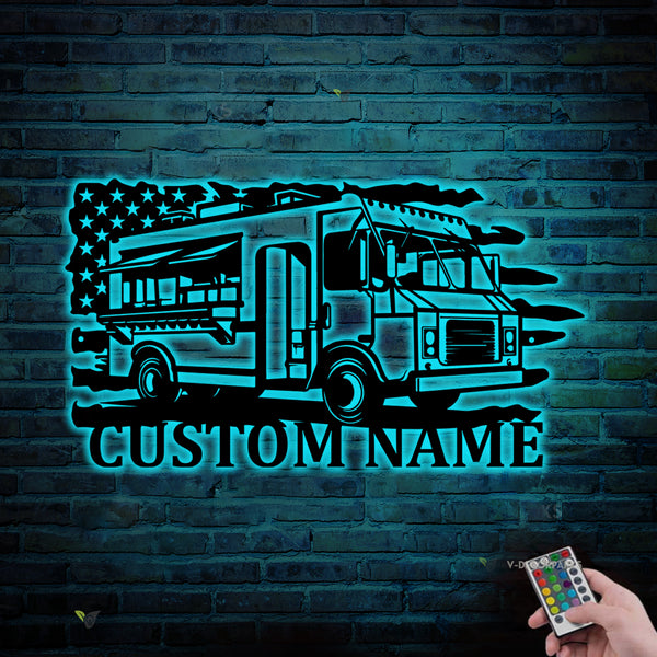 Custom Us Flag Fast Food Truck Metal Wall Art Led Lights, Personalized Food Truck Driver Metal Name Sign, Mobile Food Store Metal Sign Decor