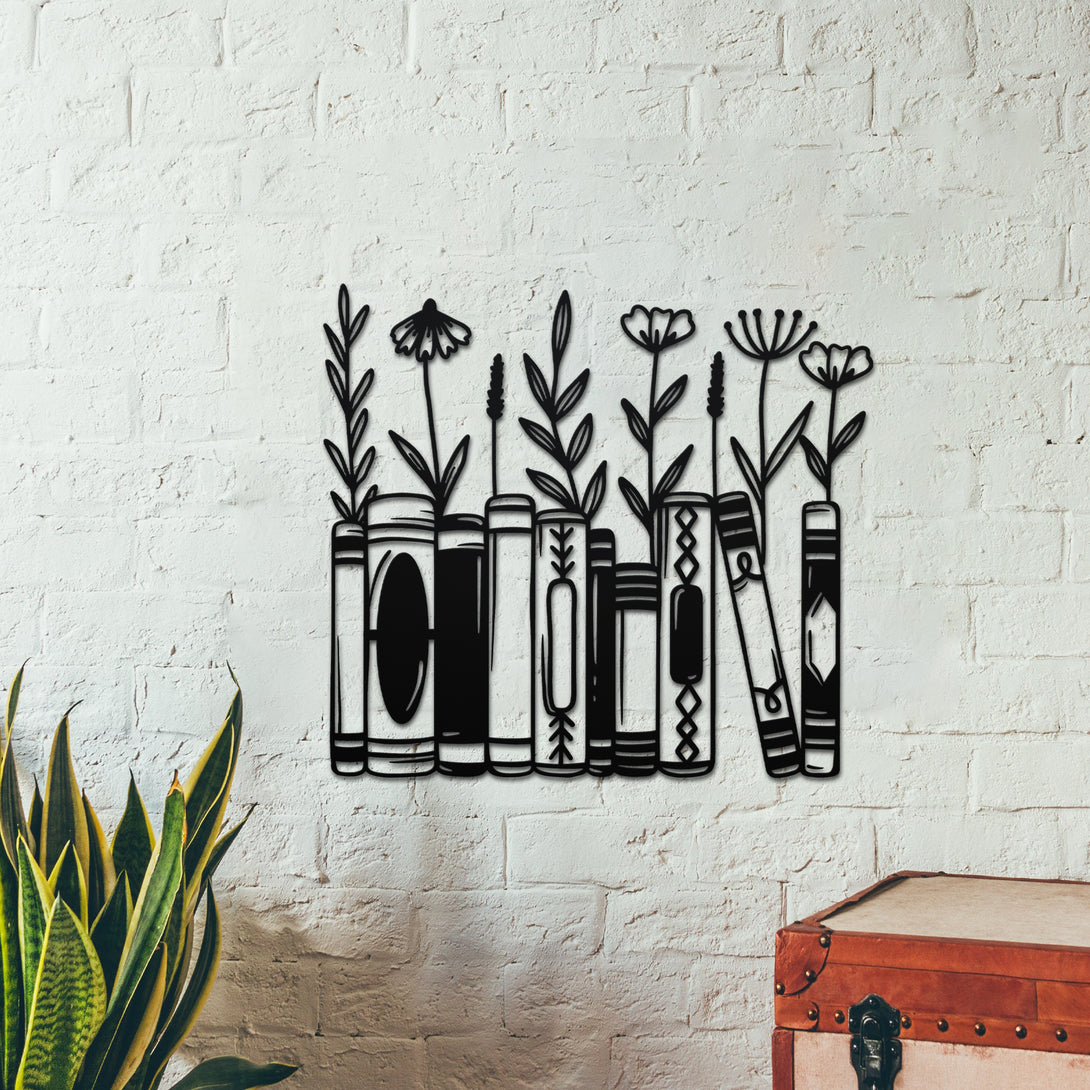 Books With Flowers Metal Wall Art, Floral Book Metal Wall Hanging Sign, Flowers Book Metal Sign Library Decor, Book Lovers Reading Room Metal Art