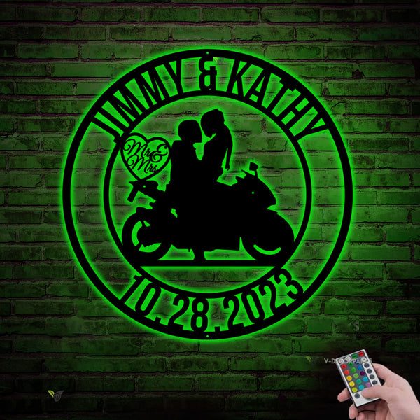 Personalized Couple Motorcycle Metal Sign With Led Lights, Custom Motorcycle Biker Couple Metal Name Sign, Wedding Anniversary Metal Sign Art