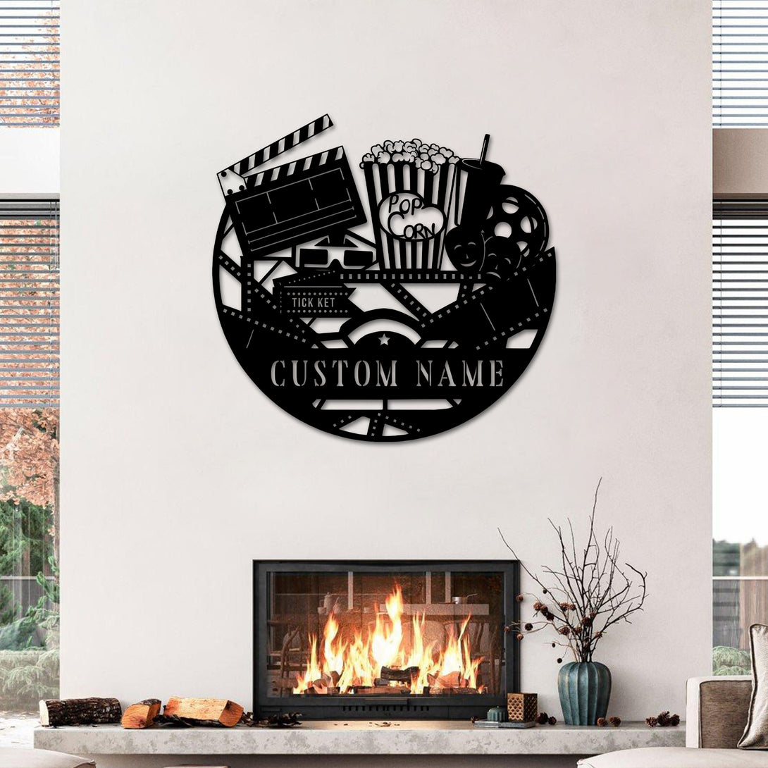 Custom Movie And Popcorn Metal Wall Art, Personalized Cinema Film Movie Name Sign, Movie Theatre Metal Name Sign Home Decor, Housewarming Gift