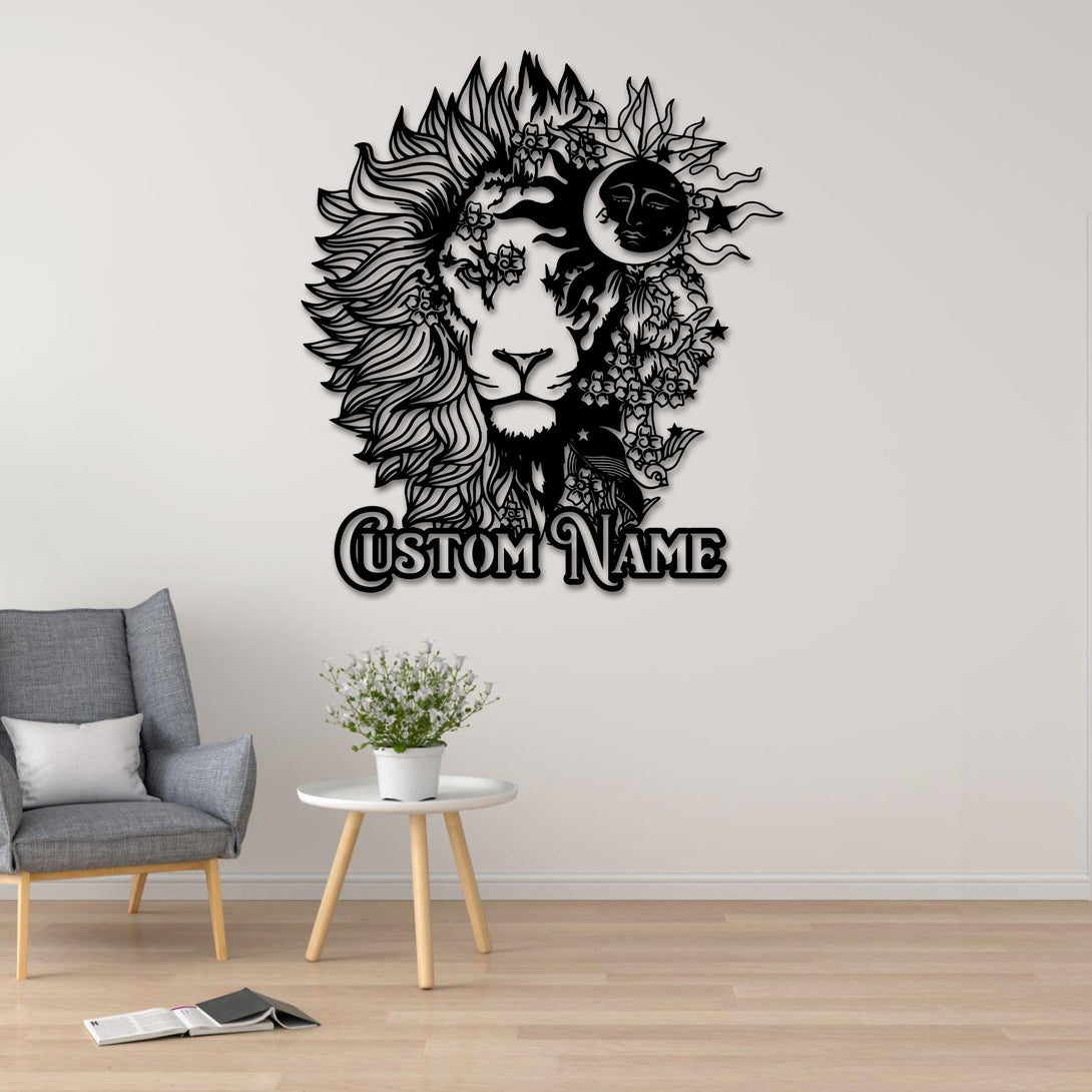 Personalized Lion Sun & Moon Metal Name Sign, Astro Lion Metal Wall Art Decor, Custom Name Lion Head Metal Sign, Lion Head Metal Wall Hanging Sign
