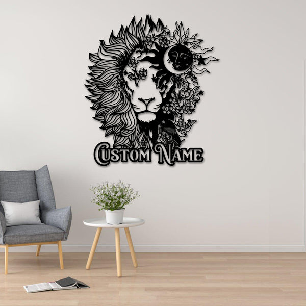 Personalized Lion Sun & Moon Metal Name Sign, Astro Lion Metal Wall Art Decor, Custom Name Lion Head Metal Sign, Lion Head Metal Wall Hanging Sign