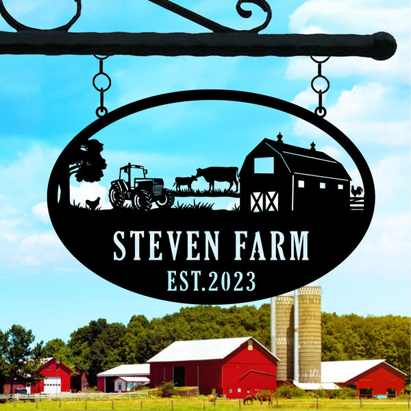 Personalized Farm With Barn Tractor Metal Sign, Custom Farmhouse Metal Name Sign, Farm Animals Metal Wall Art, Farmville Metal Sign