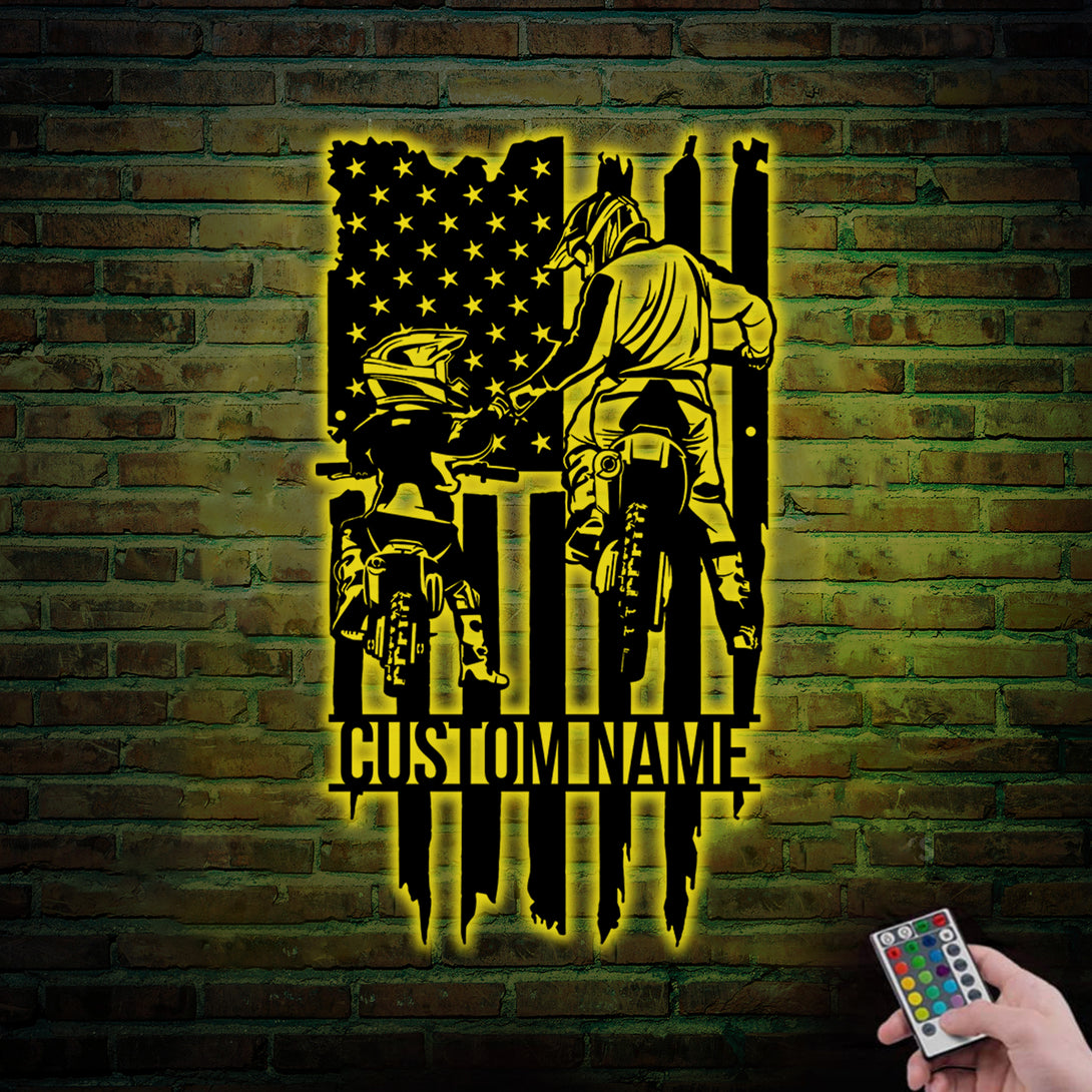 Custom Us Flag Dad And Son Motorcycle Metal Sign With Led Lights, Personalized Us Motocross Biker Metal Wall Art, Dad Son Dirt Bike Metal Wall Sign