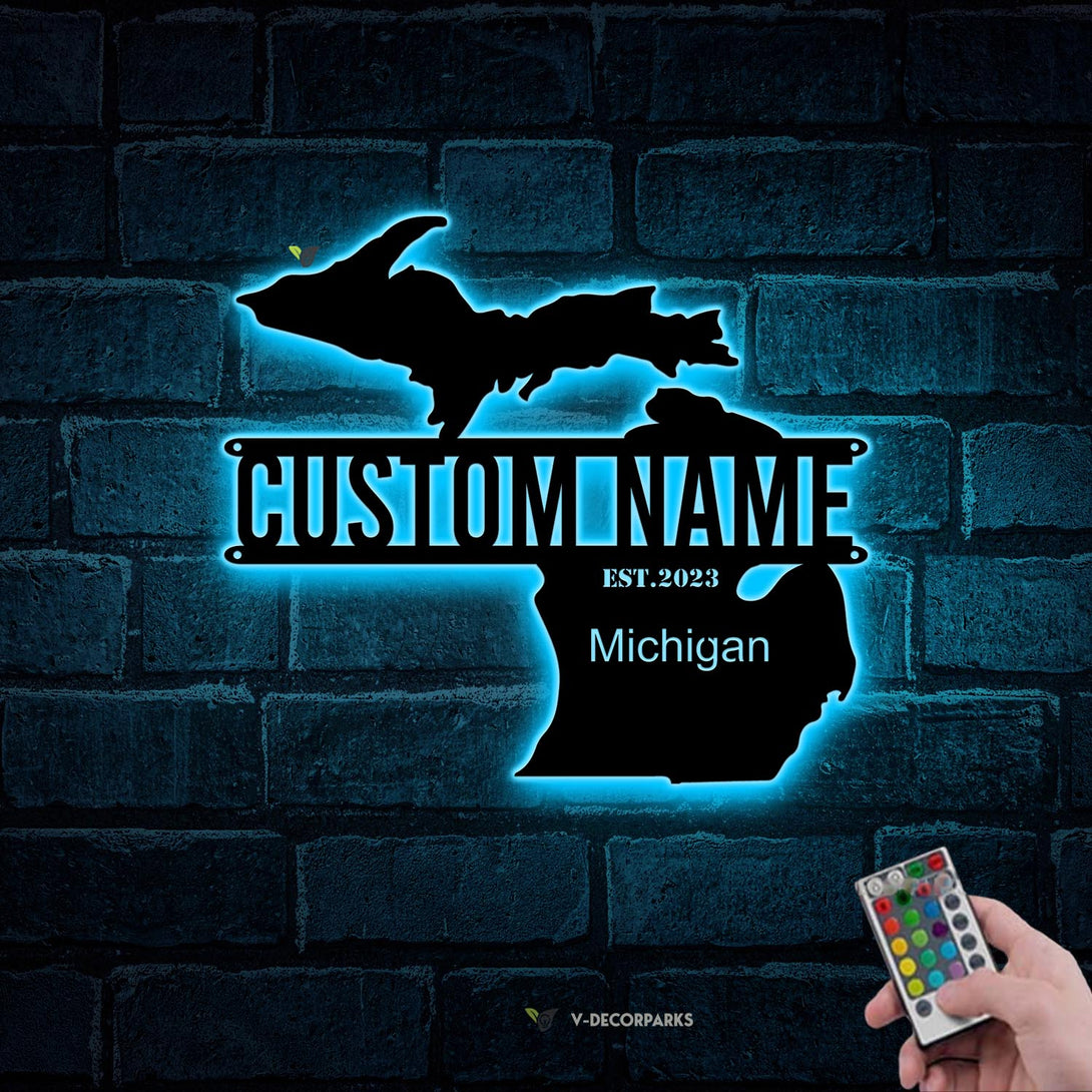 Custom Michigan Map Metal Wall Art Led Lights, Personalized Michigan State Metal Name Sign Home Decor, Born In Michigan Metal Housewarming Decor