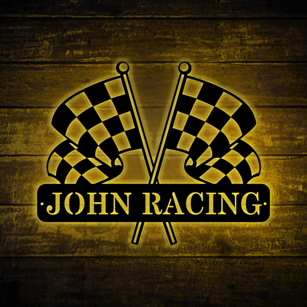 Personalized Race Flags Metal Wall Art Led Lights, Checkered Flag Metal Name Sign, Racing Flag Metal Wall Hanging Room Decor, Racing Lover Name Sign