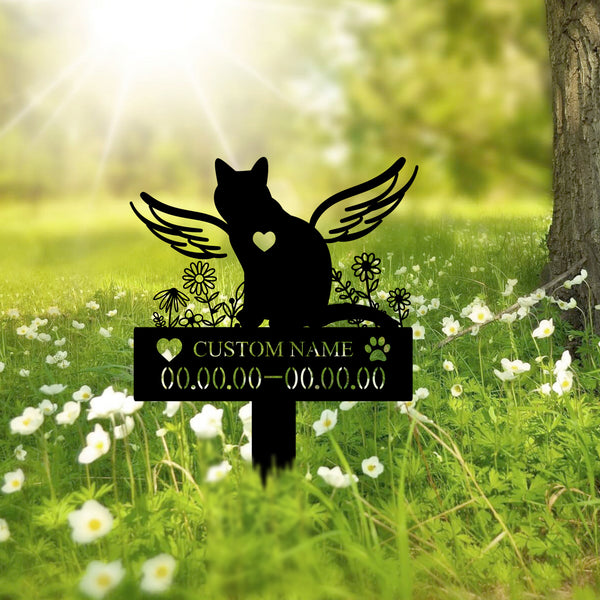 Custom Cat Angel Wings Memorial Metal Stake, Personalized Cat Butterfly Burial Stake, Metal Pet Grave Markers, Cat Memorial Sympathy Metal Sign