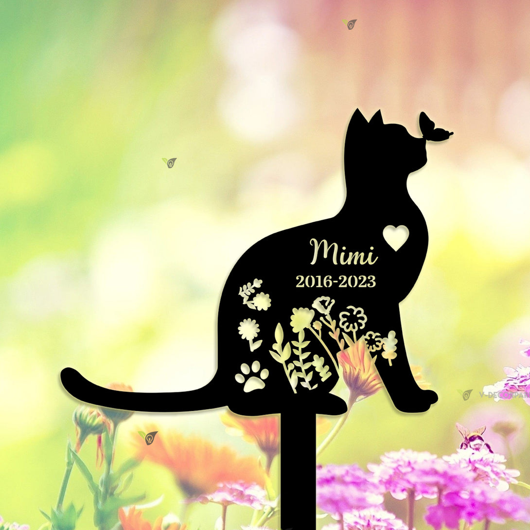 Personalized Floral Cat With Butterfly Memorial Stake, Custom Cat Memorial Metal Garden Sign, Pet Metal Grave Markers, Pet Loss Sympathy Sign