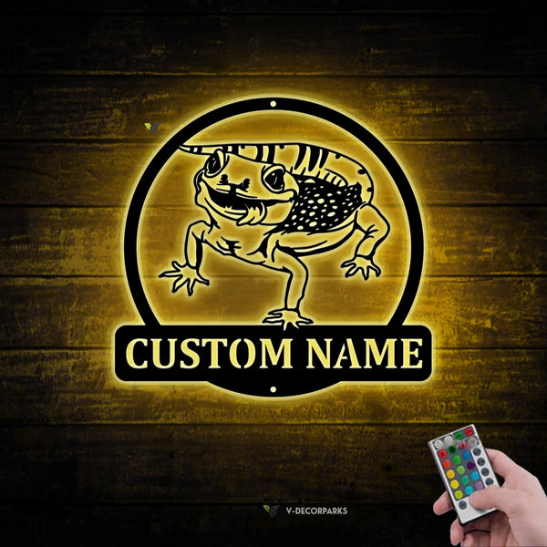 Custom Crested Gecko Metal Wall Art Led Lights, Personalized Ledge Lizard Lover Name Sign Home Decor, Pet Animal Kid Nursery Metal Wall Decor