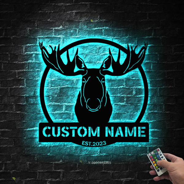 Custom Moose Head Animal Metal Wall Art Led Lights, Personalized Moose Head Metal Cabin Sign, Moose Hunting Cabin Lodge Metal Wall Hanging Decor