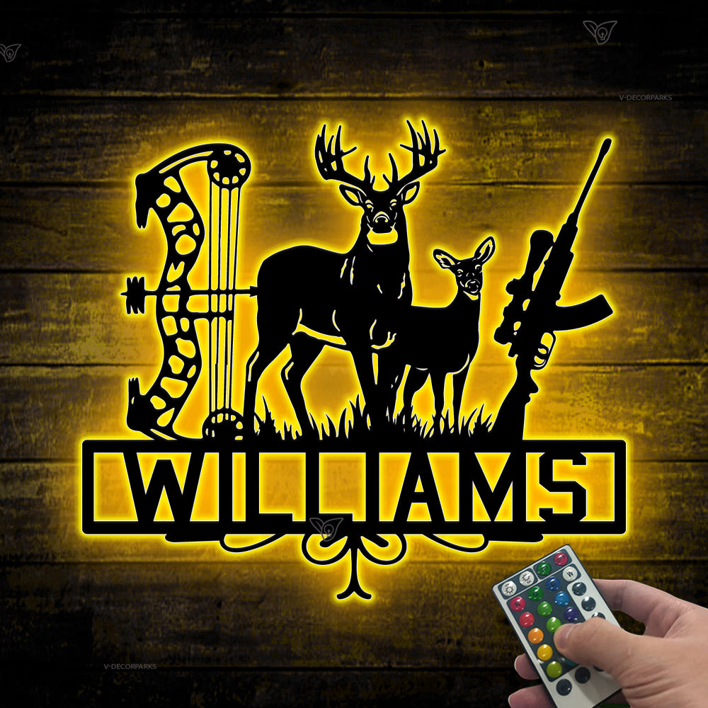 Personalized Deer Hunting With Bow Rifle Metal Sign Led Lights, Custom Name Deer Hunting Metal Wall Hanging, Metal Deer Hunting Man Cave Decor