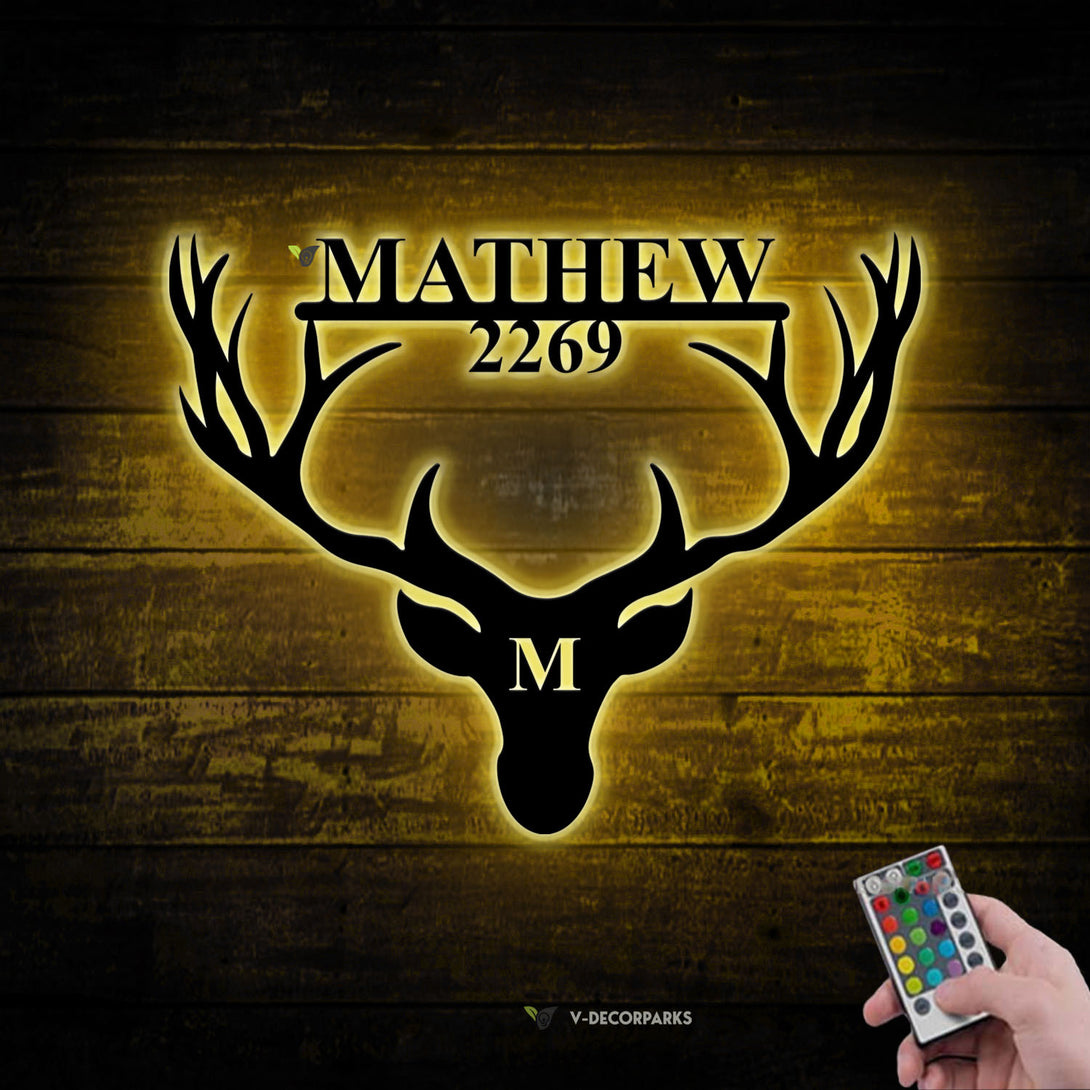 Custom Deer Antler Monogram Metal Sign Led Lights, Deer Hunting Metal Wall Art, Personalized Hunter Metal Name Sign, Hunting Lodge Metal Cabin Sign