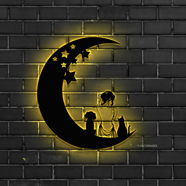 Girl With Dog And Cat On The Moon Metal Wall Art With Led Lights, Crescent Moon With Pet Metal Sign Home Decor, Pet Lover Housewarming Metal Art