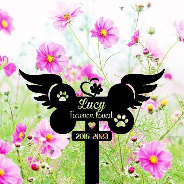 Personalized Dog Bone With Wings Memorial Metal Stake, Forever Loved Dog Memorial Metal Stake, Pet Metal Grave Markers, Dog Loss Sympathy Sign