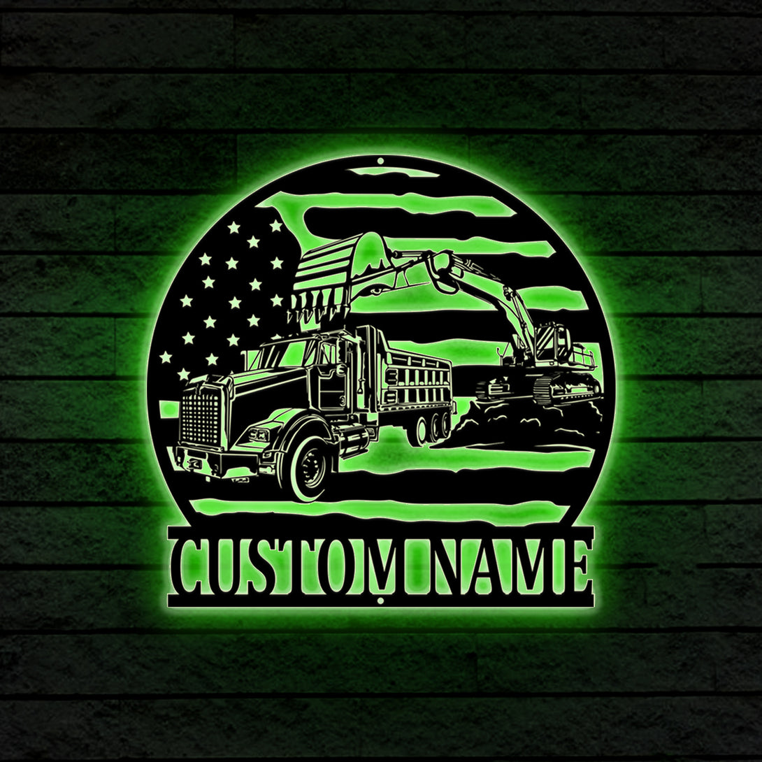 Custom Us Dump Truck With Track Hoe Excavator Metal Sign Led Lights, Personalized Truck Driver Metal Name Sign, Construction Vehicles Metal Wall Art