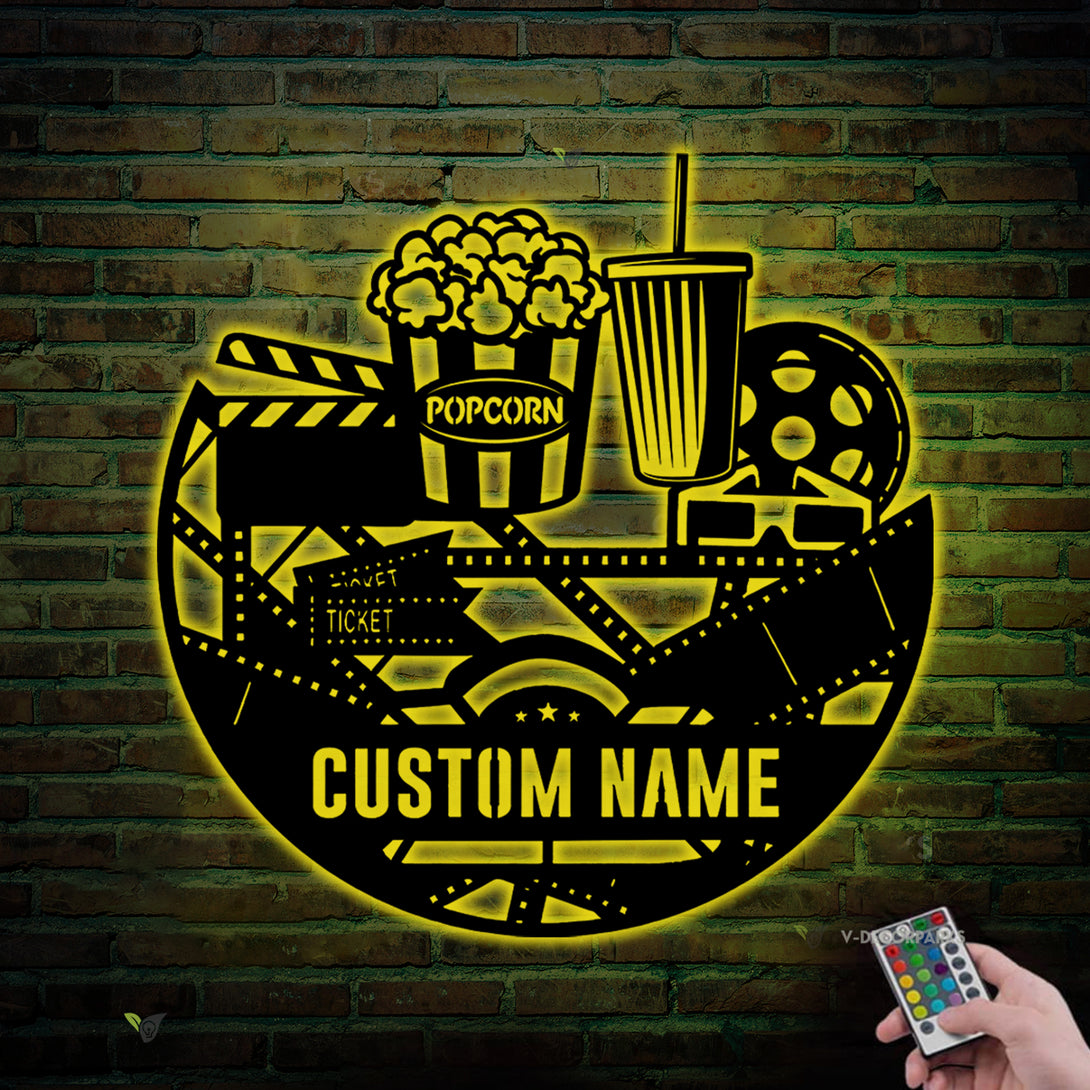 Custom Movie And Popcorn Metal Wall Art Led Lights, Cinema Film Movie Metal Sign Home Decor, Personalized Home Cinema Metal Name Sign