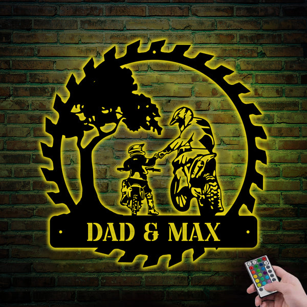 Personalized Father And Son Motocross Metal Sign Led Lights, Custom Name Dad Son Motocross Rider Metal Sign, Dad Son Motorcycle Metal Wall Art