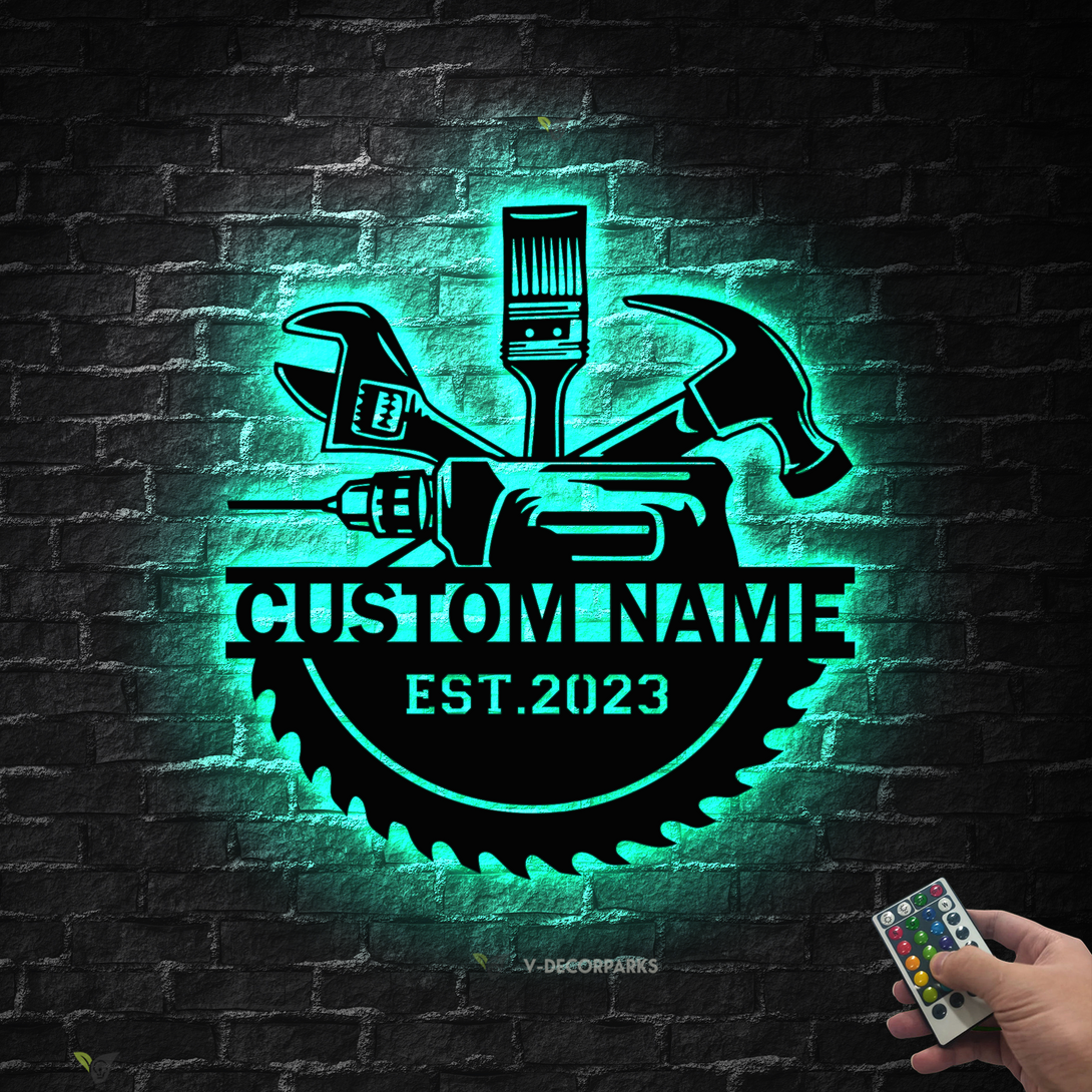 Custom Carpenter Handyman Tools Metal Wall Art Led Lights, Personalized Tools Repair Workshop Metal Sign, Mechanic Garage Metal Sign Wall Decor