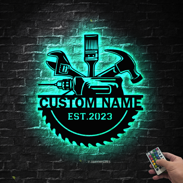 Custom Carpenter Handyman Tools Metal Wall Art Led Lights, Personalized Tools Repair Workshop Metal Sign, Mechanic Garage Metal Sign Wall Decor