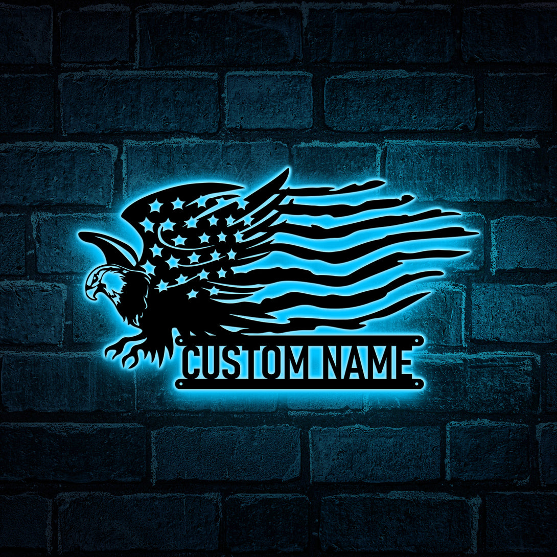 American Eagle Us Flag Metal Wall Art With Led Lights, Custom Name Eagle Us Flag Metal Sign, American Flag Patriotic Eagle Metal Wall Hanging Decor