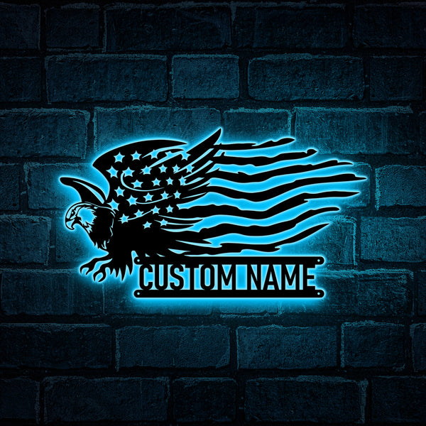 American Eagle Us Flag Metal Wall Art With Led Lights, Custom Name Eagle Us Flag Metal Sign, American Flag Patriotic Eagle Metal Wall Hanging Decor