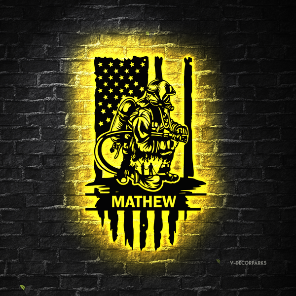 Custom Us Flag Firefighter Metal Wall Art Led Lights, Personalized Fireman Metal Name Sign Home Decor, Fire Department Metal Wall Hanging Decor