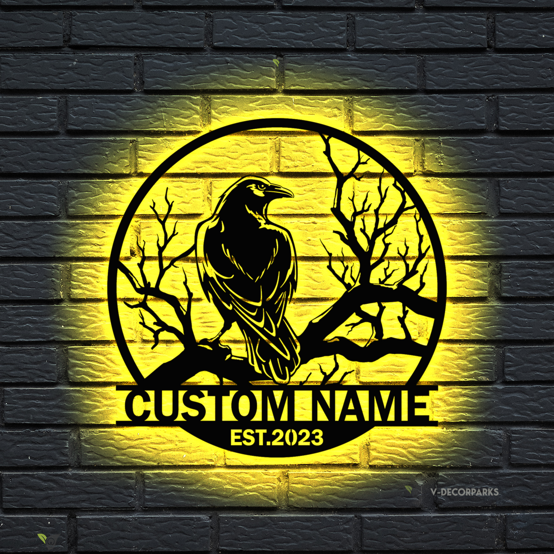 Custom Name Black Raven Metal Wall Art With Led Lights, Personalized Crow Moon Metal Sign Home Decor, Raven On Branch Led Metal Sign